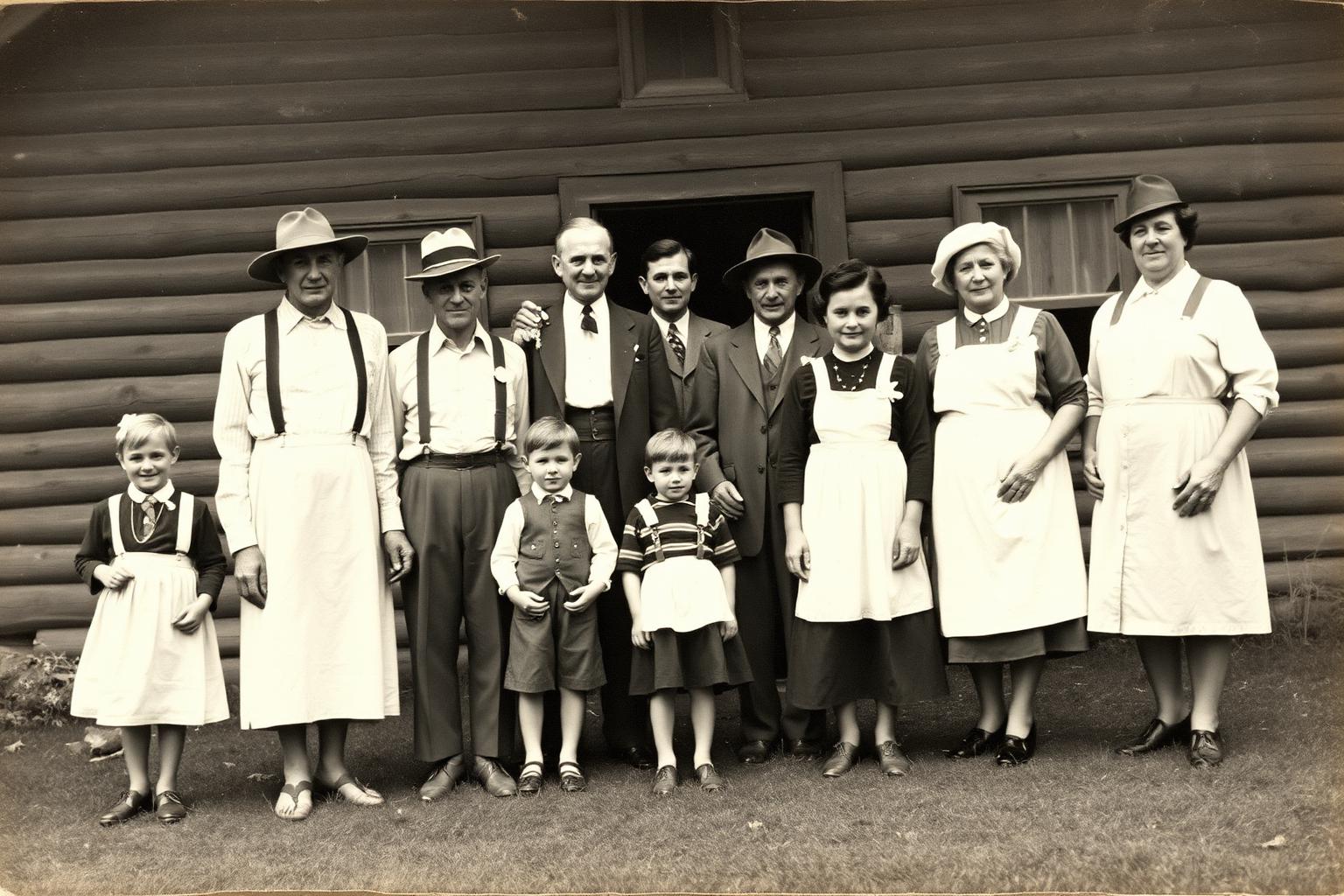 A historical portrait of the Williamson family in front of the original farmhouse