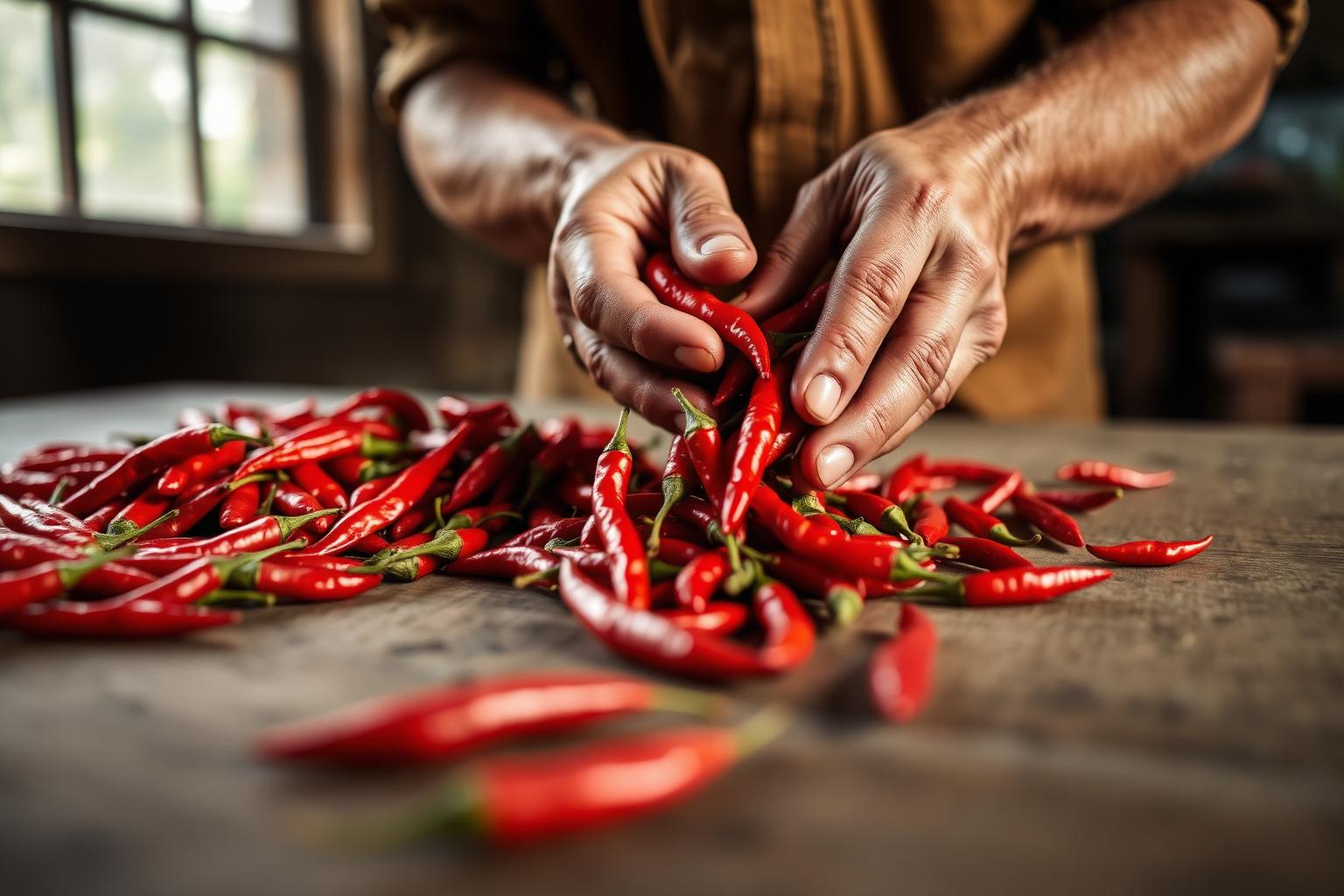 Weathered farmer hands sorting bright red cayenne peppers