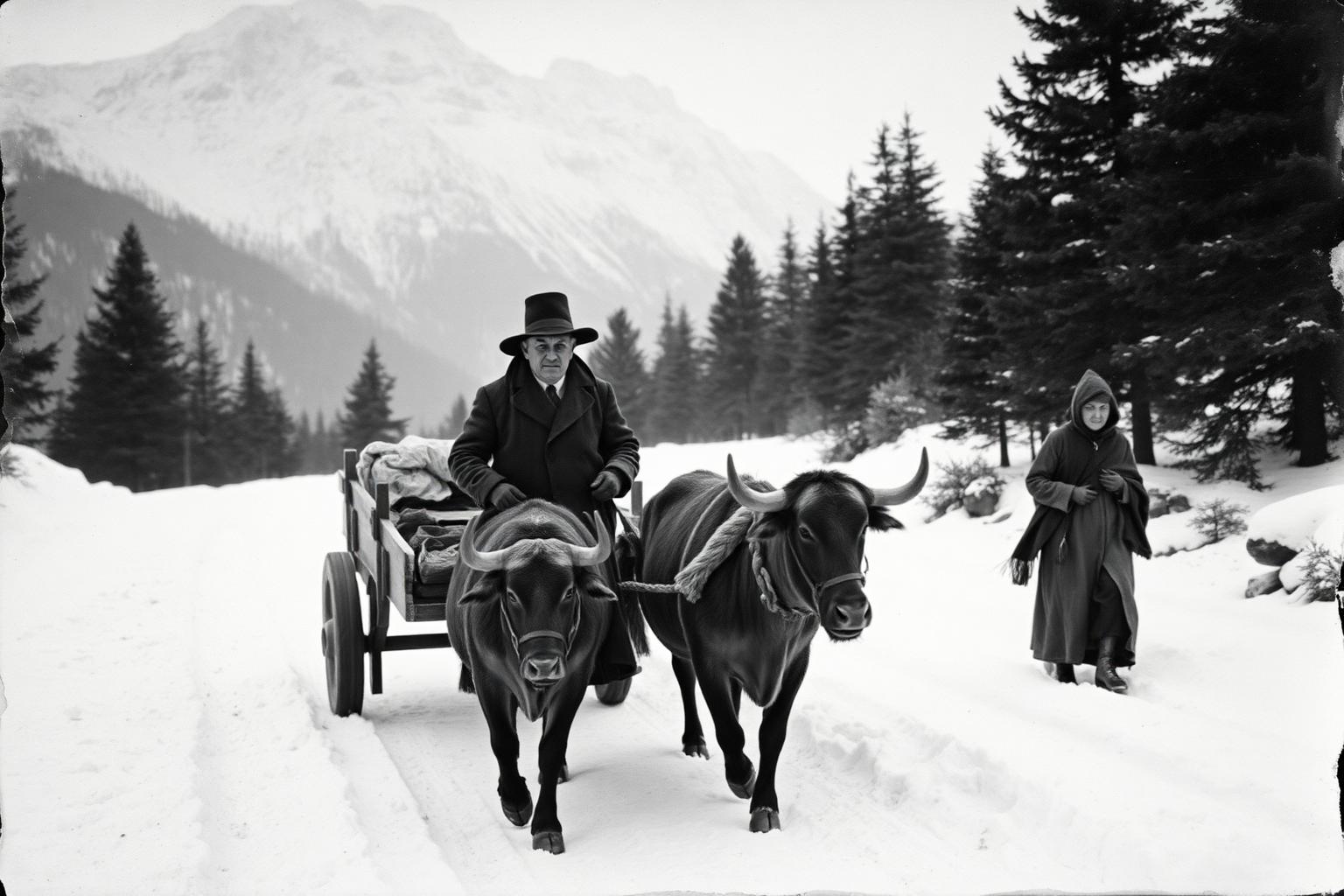 Williamson family driving an oxen cart through deep snow on a mountain pass, c. 1898