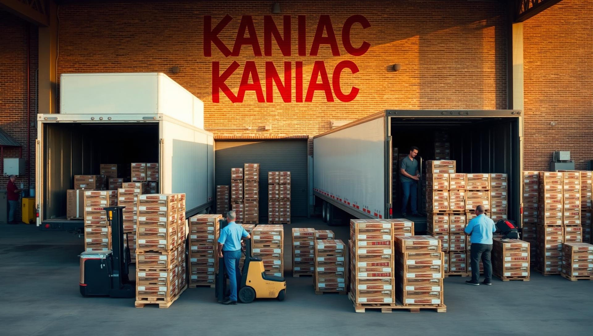 Pallets of Kaniac being loaded onto trucks at the shipping dock